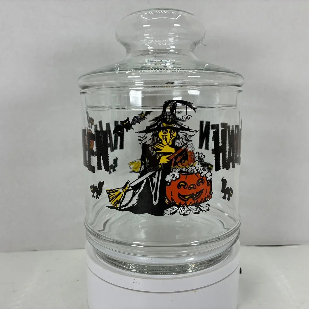 Vintage Halloween Glass Candy Jar Witch Black Cat Pumpkin Apothecary Canister